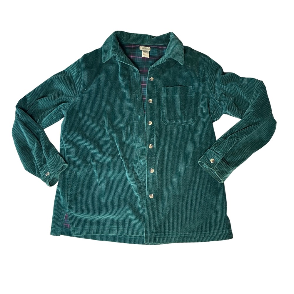 LL Bean Womens Green Corduroy Flannel Lined Shirt Jacket M 273275